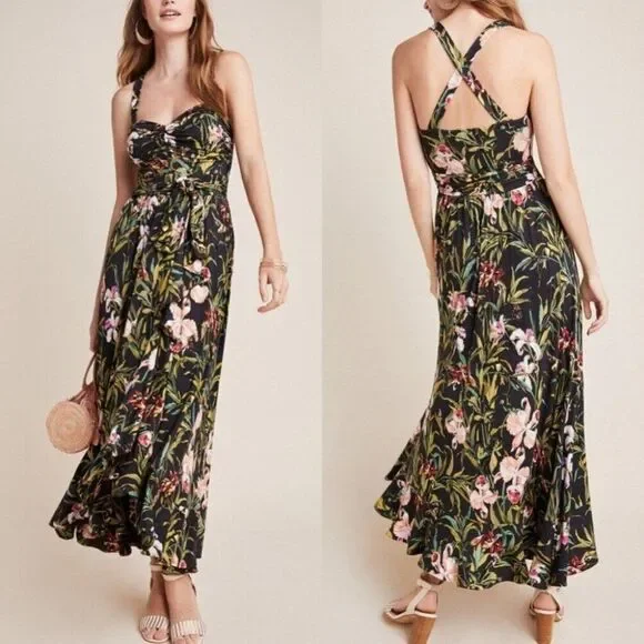 Maeve Anthropologie black green pink tropical floral Gabriela stretch maxi dress - Picture 2 of 9